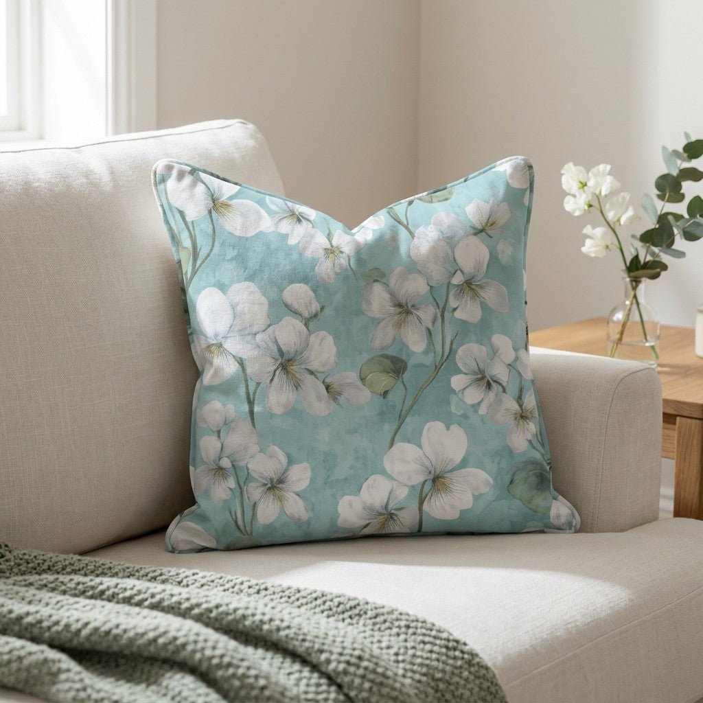 White Violets Blue Throw Pillow - Lemon Park
