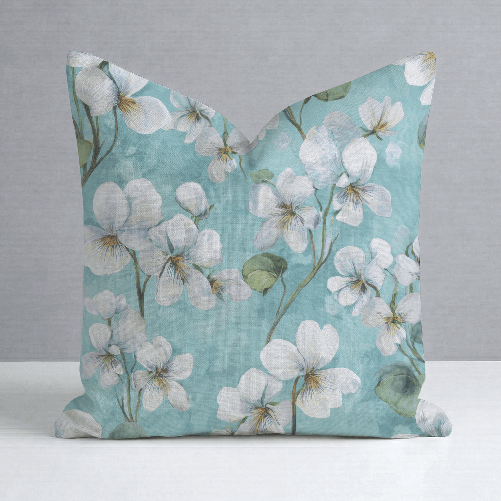 White Violets Blue Throw Pillow - Lemon Park