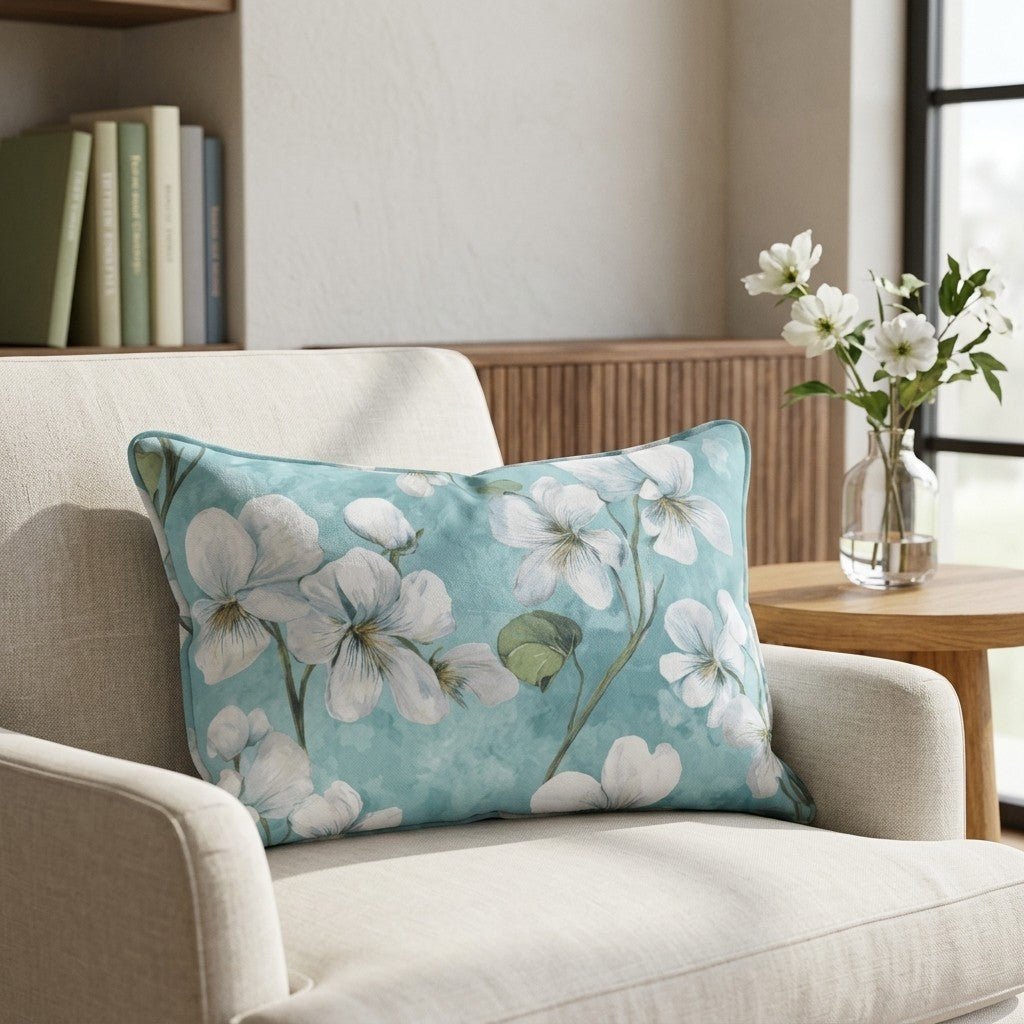 White Violets Blue Throw Pillow - Lemon Park