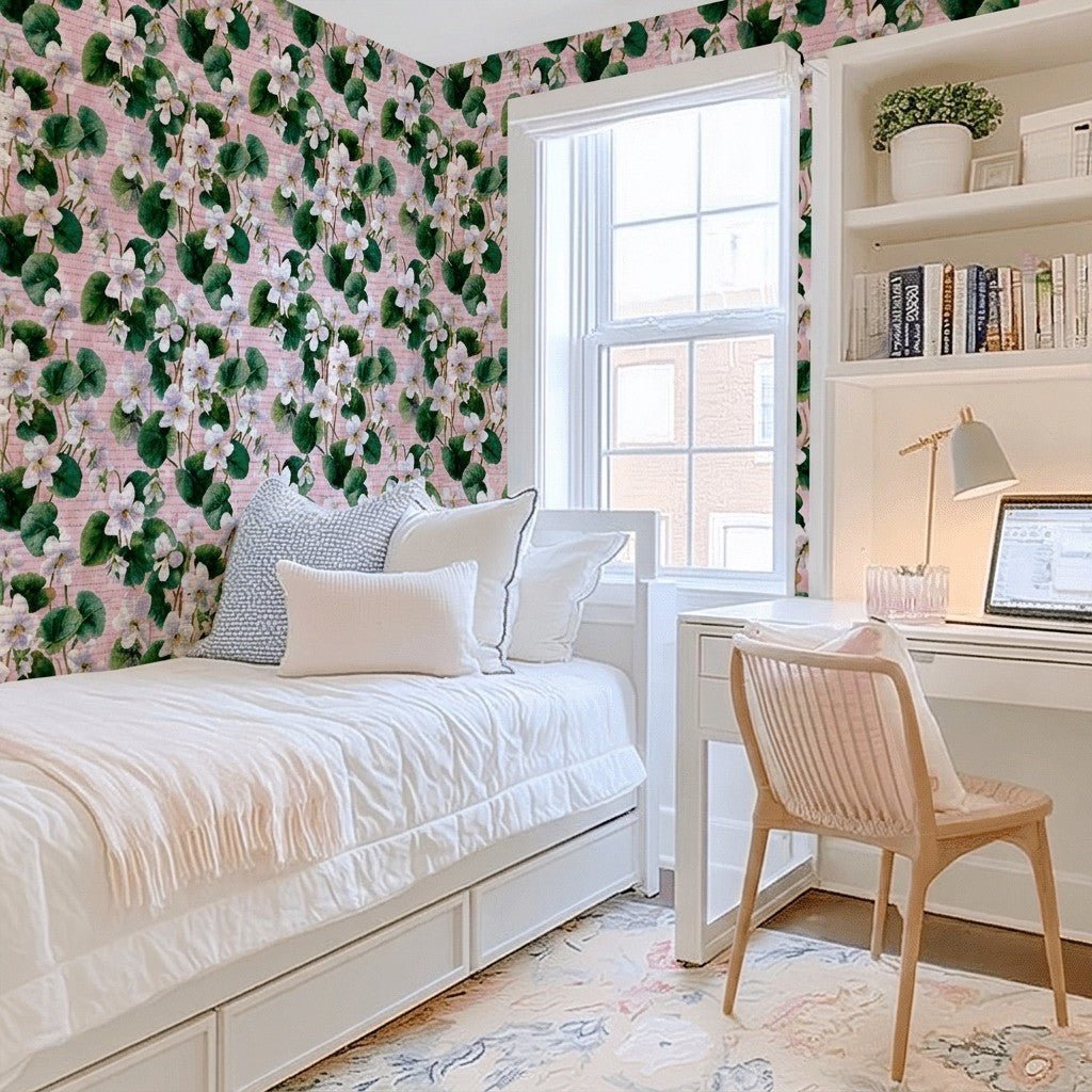 White Violets Pink Faux Grasscloth Wallpaper - Lemon Park