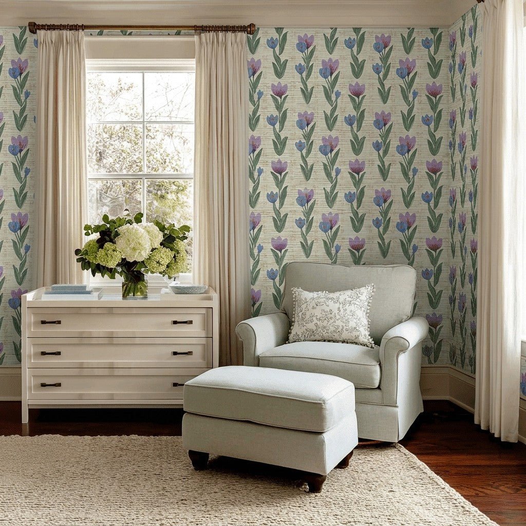 Wildflower Sketch Faux Grasscloth Wallpaper - Lemon Park