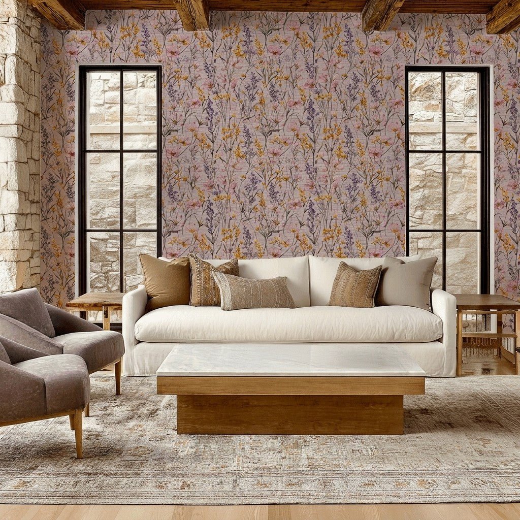 Wildflower Veil Faux Grasscloth Wallpaper - Lemon Park