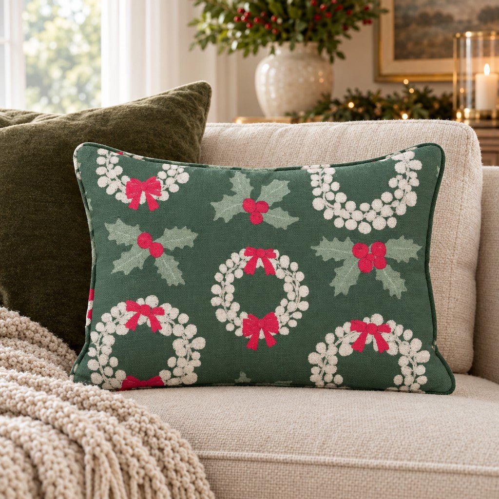 Wreathes and Holly Throw Pillow - Lemon Park